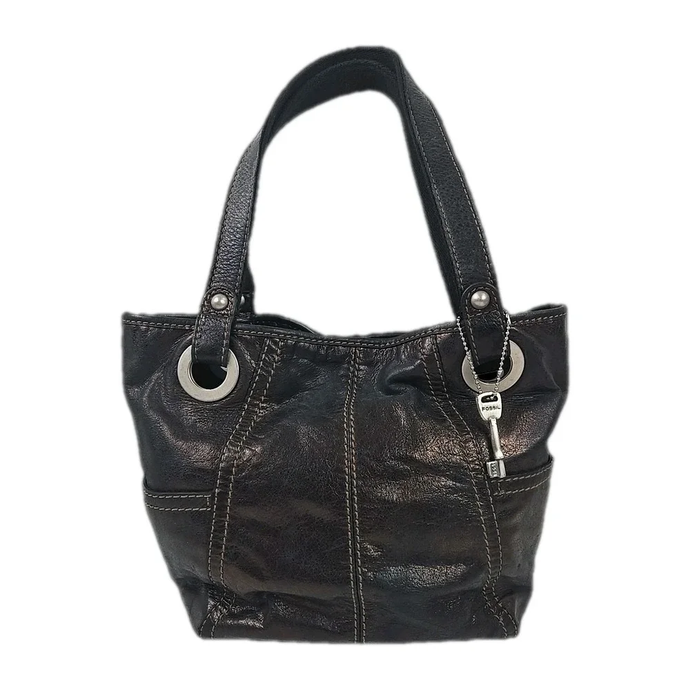 Fossil Hathaway Black Glazed Leather Double Shoulder Strap Satchel Vtg 80s